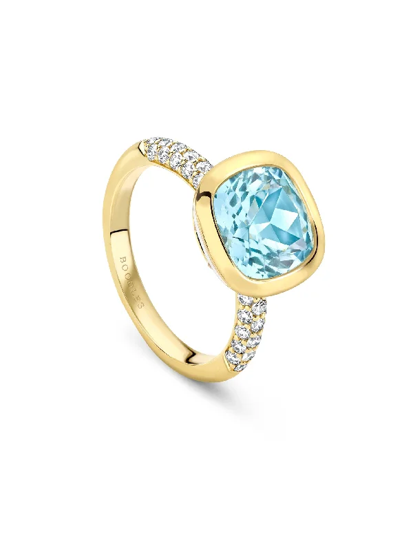 Silver Wedding Ring-Florentine Dolce Vita Cushion Aquamarine French Yellow Gold Ring