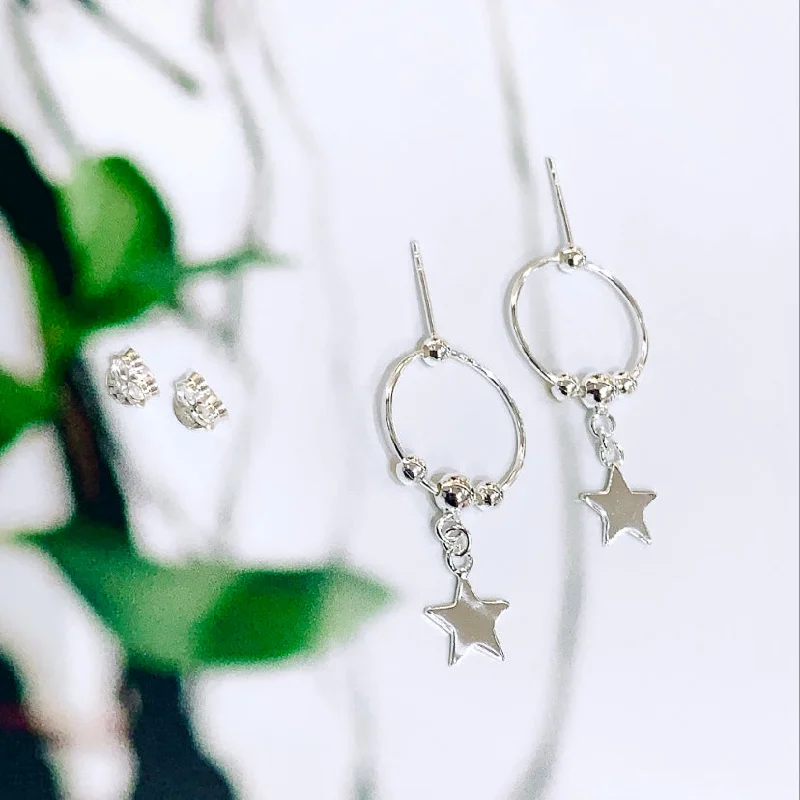 Simple Stud Earrings for Women-Sterling Silver Star Hoop Earrings