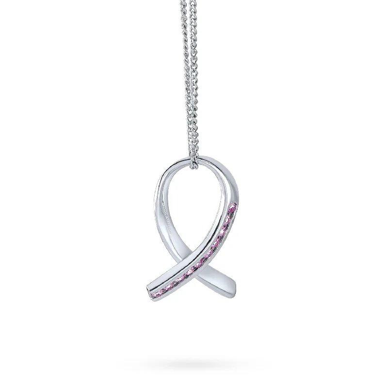 Colorful Crystal Necklace-Strength & Hope Pink Ribbon CZ Pendant Necklace Sterling Silver Breast Cancer Survivor