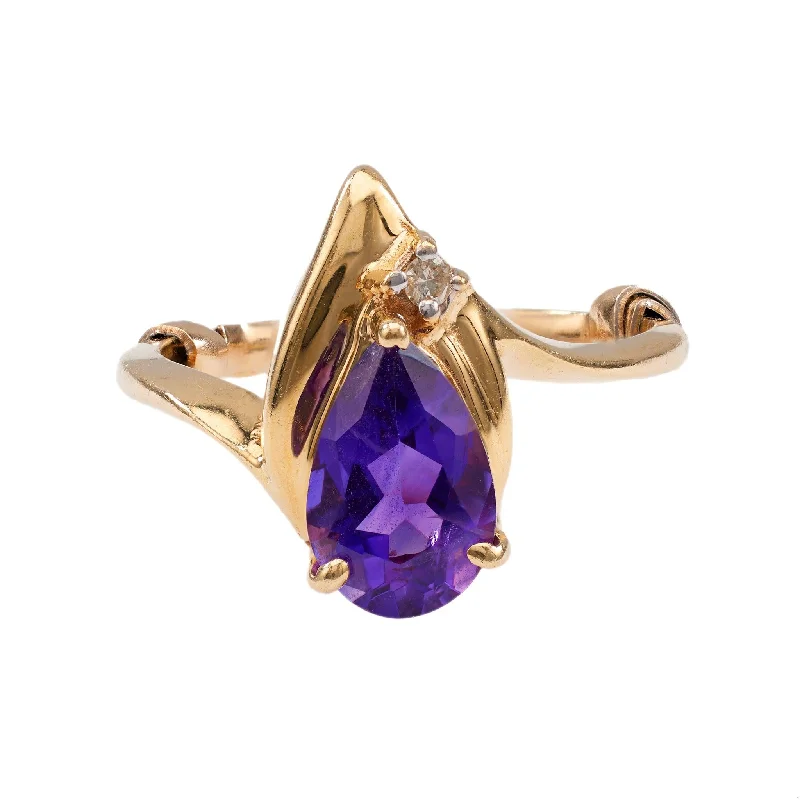 Gold Ring with Amethyst-Vintage Amethyst Diamond 14k Yellow Gold Ring