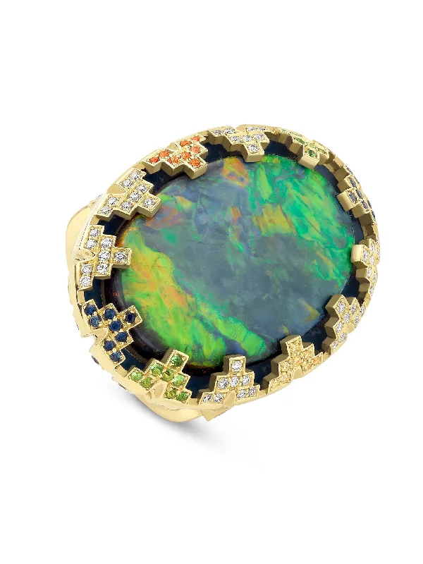 Engagement Ring with Blue Sapphire-A Family Journey Amsterdam Black Opal Yellow Gold Ring