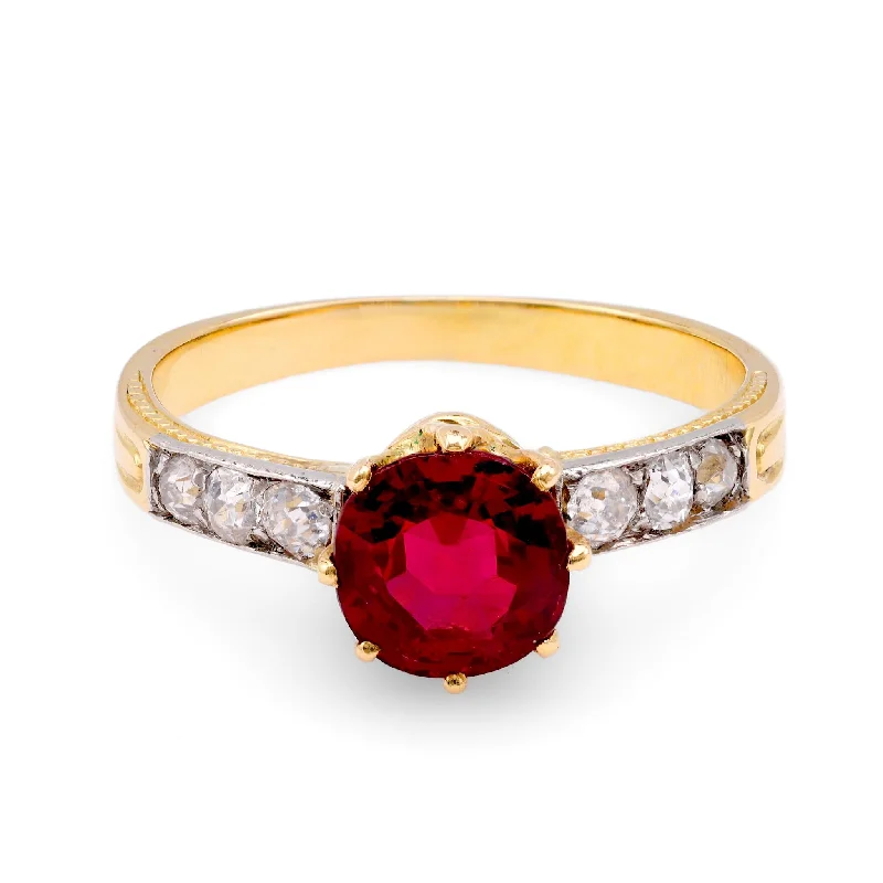 Silver Band Ring-Edwardian Spinel Diamond 18K Yellow Gold Ring