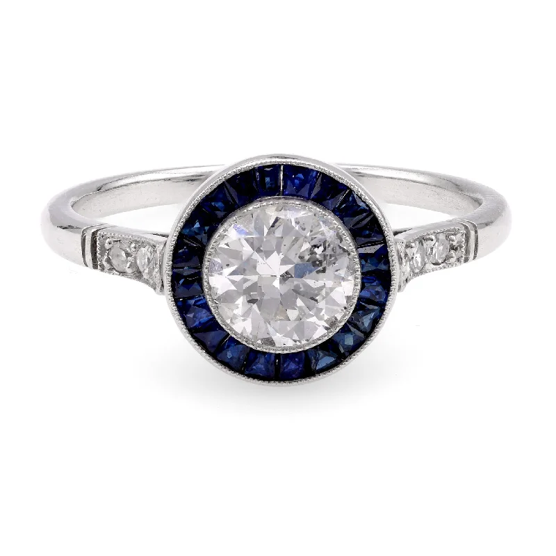 Gold Engagement Ring-Art Deco Inspired 0.81 Carat Diamond Sapphire Platinum Target Ring