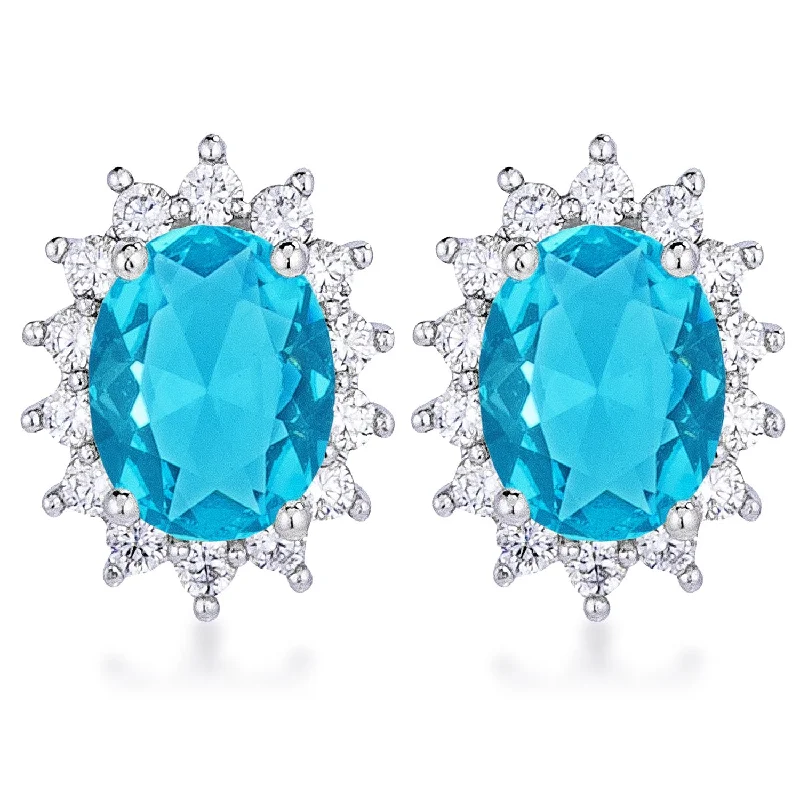 Diamond Dangle Earrings-Chesna Oval Aqua Halo Earrings | 2ct