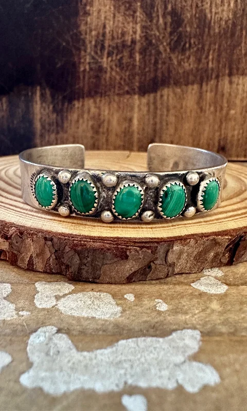 Multi-Layered Leather Bracelet-STONE OF TRANSFORMATION  50s 60s Navajo Malachite & Silver Cuff