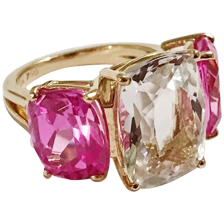 Gold Cocktail Ring-Rock Crystal and Hot Pink Topaz Yellow Gold Three-Stone Cushion Ring