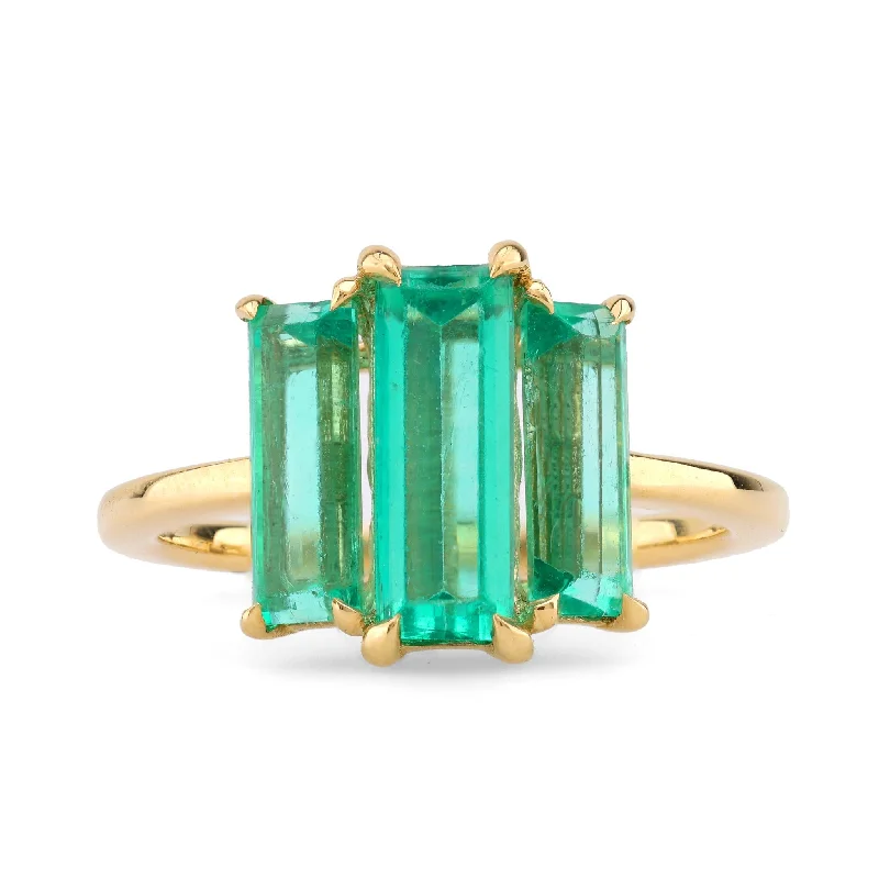 Luxury Wedding Band-Mid Century Style GIA 2.5 Carat Emerald 18K Yellow Gold Three Stone Ring