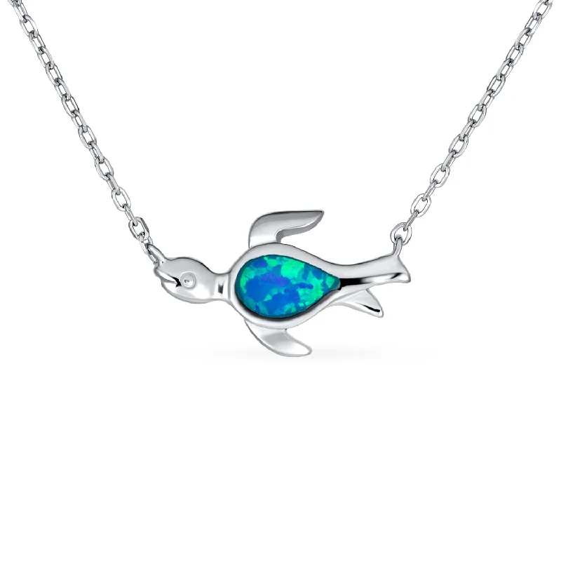 Heart Pendant Necklace for Women-Delicate Nautical Blue Opal Sea Turtle Pendant Necklace in Sterling Silver