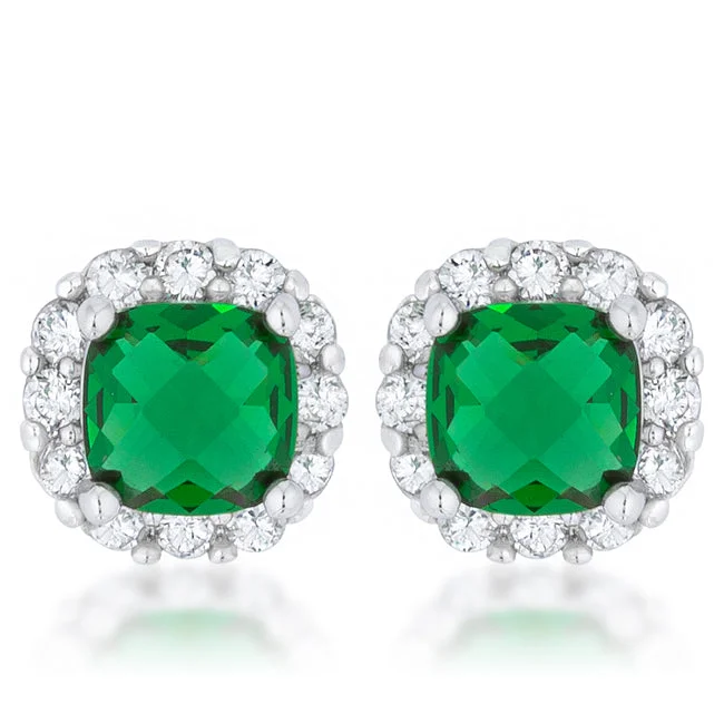 Sterling Silver Drop Earrings-Liz Emerald Cushion Halo Stud Earrings | 2ct