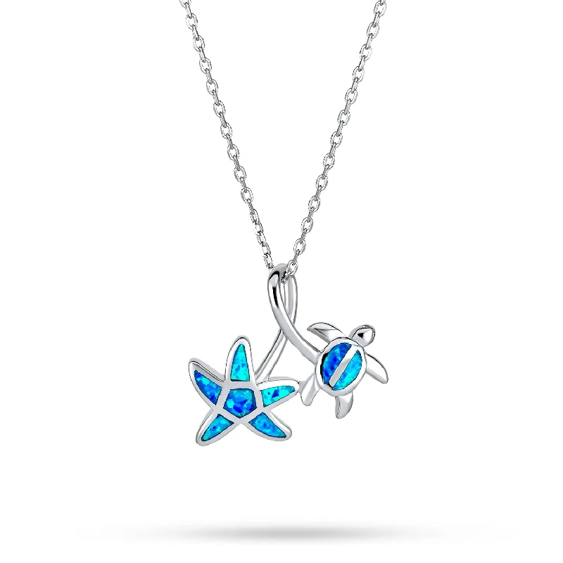 Layered Chain Necklace-Nautical Blue Opal Sea Turtle Starfish Pendant Necklace in Sterling Silver