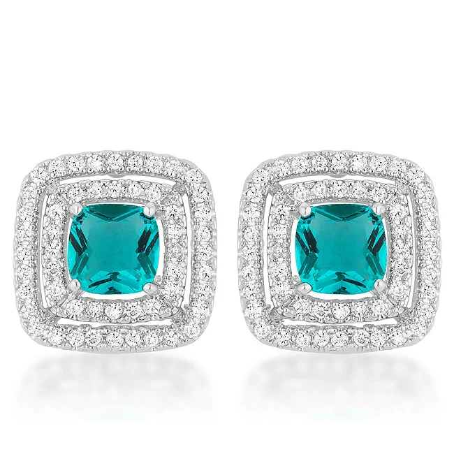 Custom Made Earrings-Idella Aqua Cushion Double Halo Stud Earrings | 2.5ct