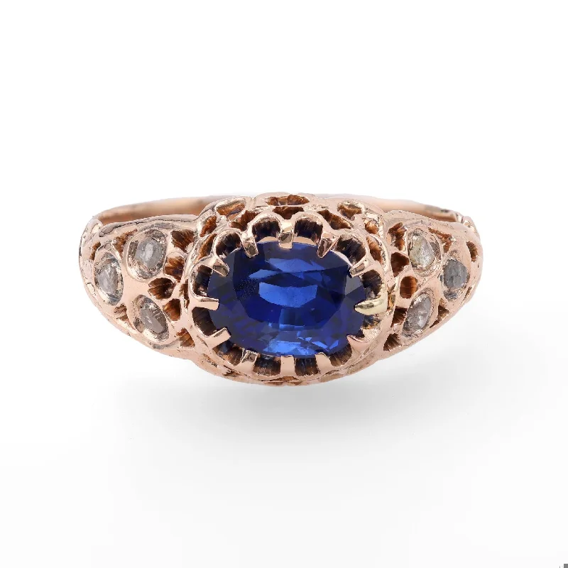 Large Emerald Ring-Victorian Sapphire Diamond 10k Rose Gold Ring