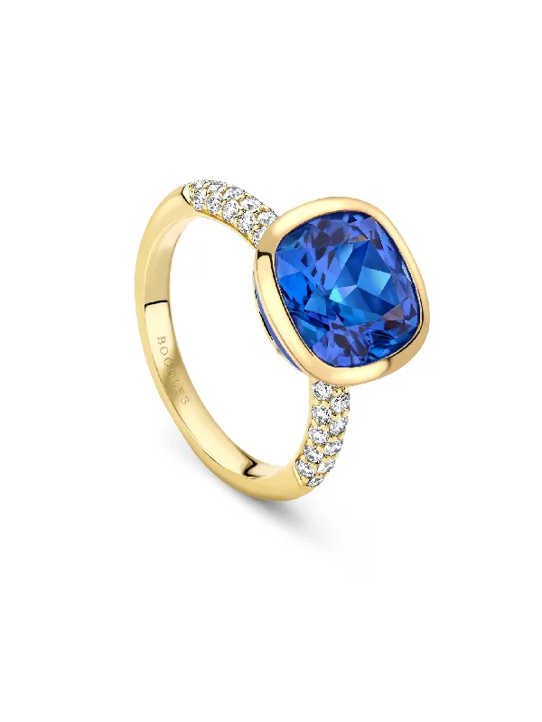 Custom Diamond Promise Ring-Florentine Dolce Vita Cushion Tanzanite Yellow Gold Ring