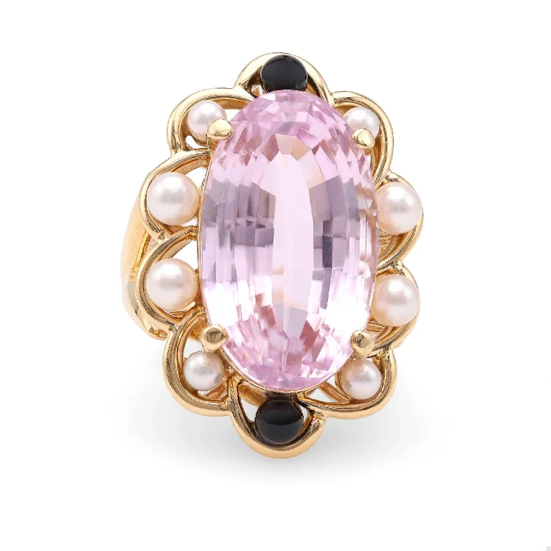 Silver Heart Ring-Vintage Kunzite Pearl Onyx 18k Yellow Gold Cocktail Ring