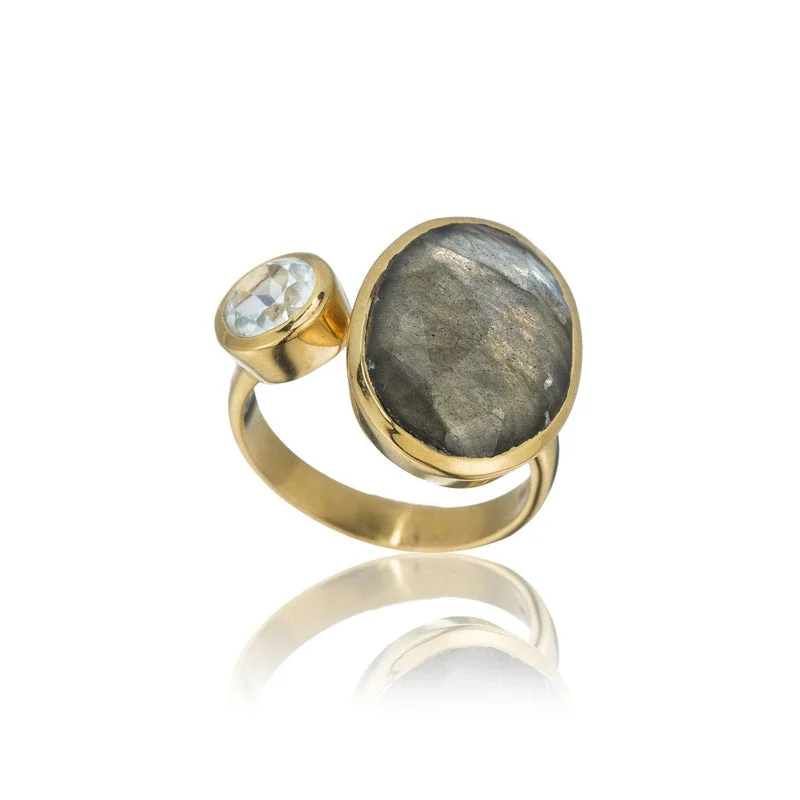 Gold Engagement Ring with Diamond-Double Bezel Gemstone Adjustable Ring