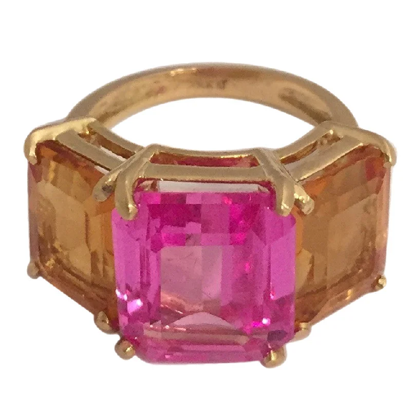 Classic Gold Engagement Ring-18k Yellow Gold Three Stone Emerald Cut Ring with Citrine and Pink Topaz