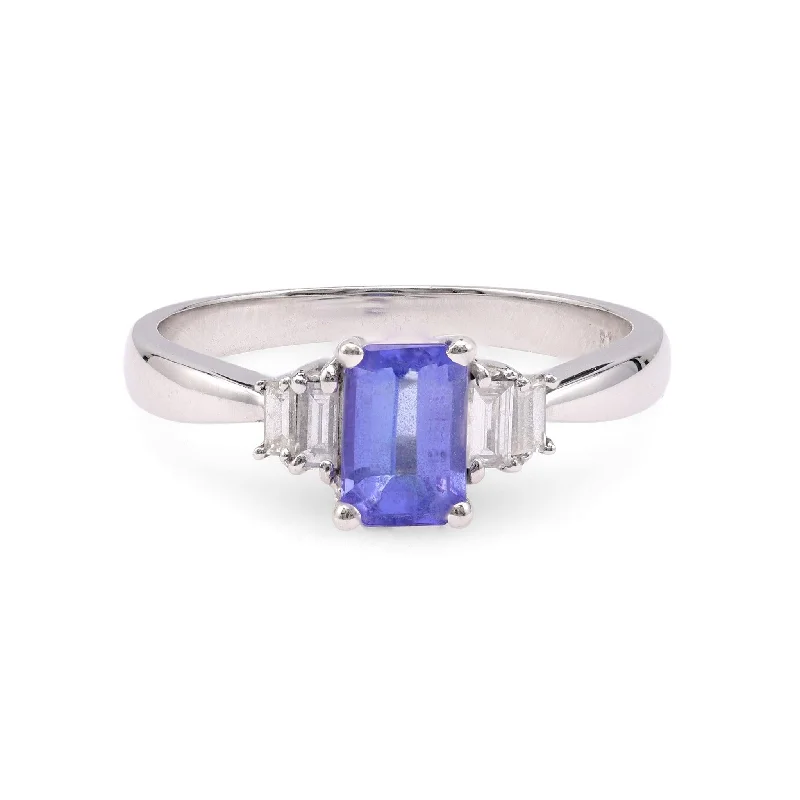 Engagement Ring with Blue Sapphire-Tanzanite Diamond 18k White Gold Ring