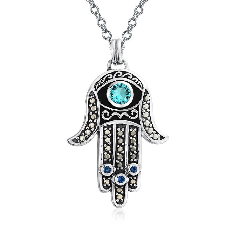 Silver Chain Necklace with Pendant-Large Yoga Blue CZ Evil Eye Hamsa Hand Pendant Necklace in Sterling Silver