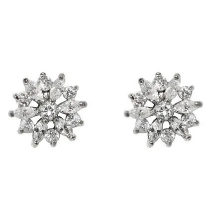 Silver Hoop Earrings for Women-Natsu Marquise Flower Cluster CZ Stud Earrings