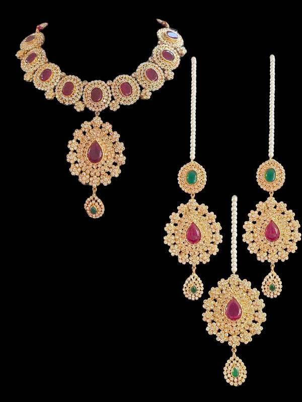 Geometric Pendant Necklace-BR303 Ruby emerald with zircon combination gold plated necklace set ( READY TO SHIP )