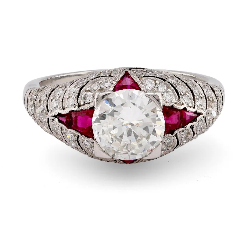 Ruby Engagement Ring for Women-Art Deco Inspired 1.03 Carat Round Brilliant Cut Diamond Ruby Platinum Ring