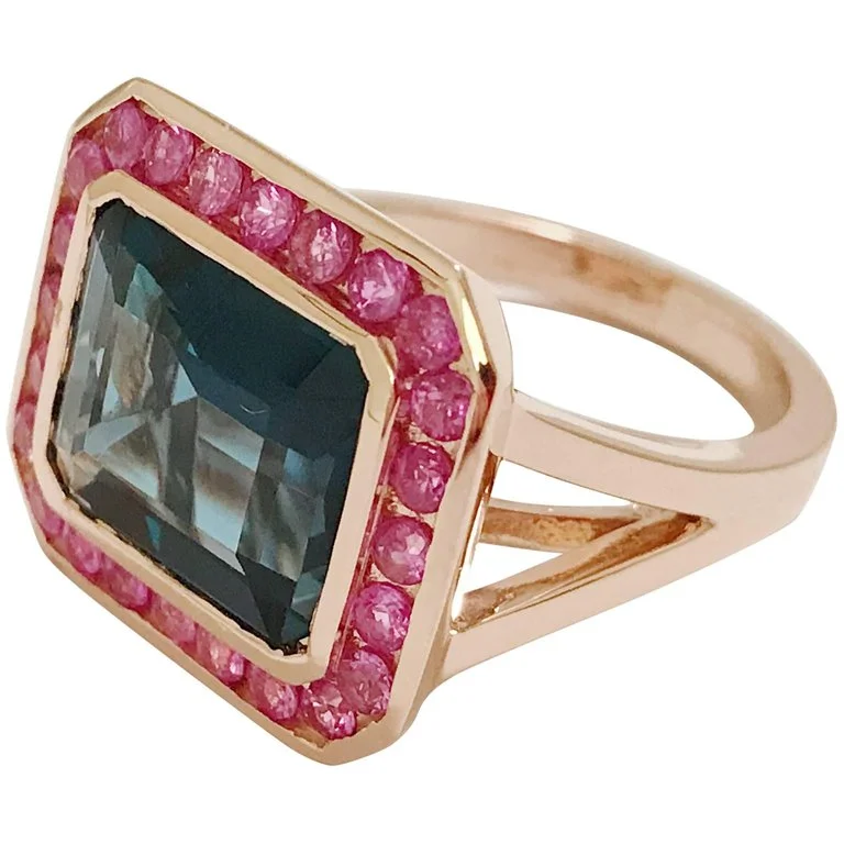 Silver Signet Ring for Men-Rose Gold Bezel Set Dark Blue Topaz with Surrounding Pink Sapphire Ring