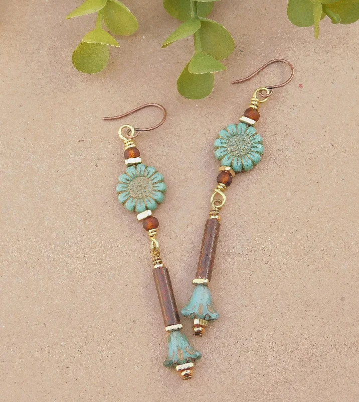 Boho Drop Earrings-Turquoise Sunflower and Tulip Dangling Earrings