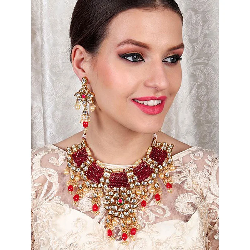 Hoop Earrings for Everyday-Odette Traditional Polki Wine & Pink Crystal Stones Kundan Choker with Earrings