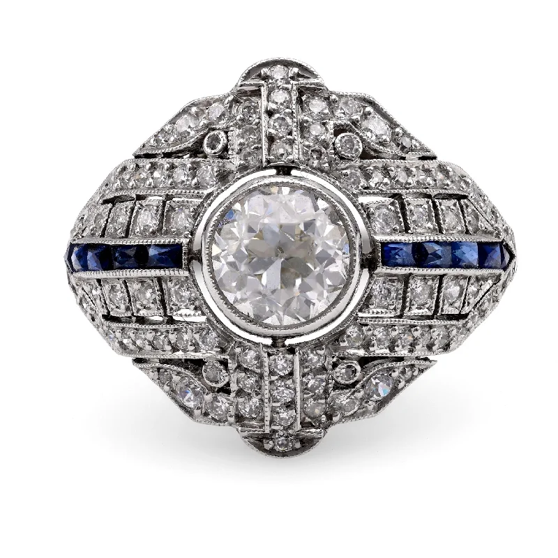 Oval Diamond Ring-Art Deco Inspired 1 Carat Diamond Sapphire Platinum Ring