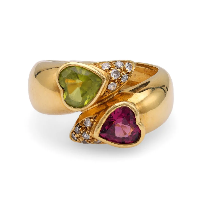 Sapphire and Diamond Ring-Heart Shaped Peridot and Rubellite Diamond Yellow Gold Bypass Ring