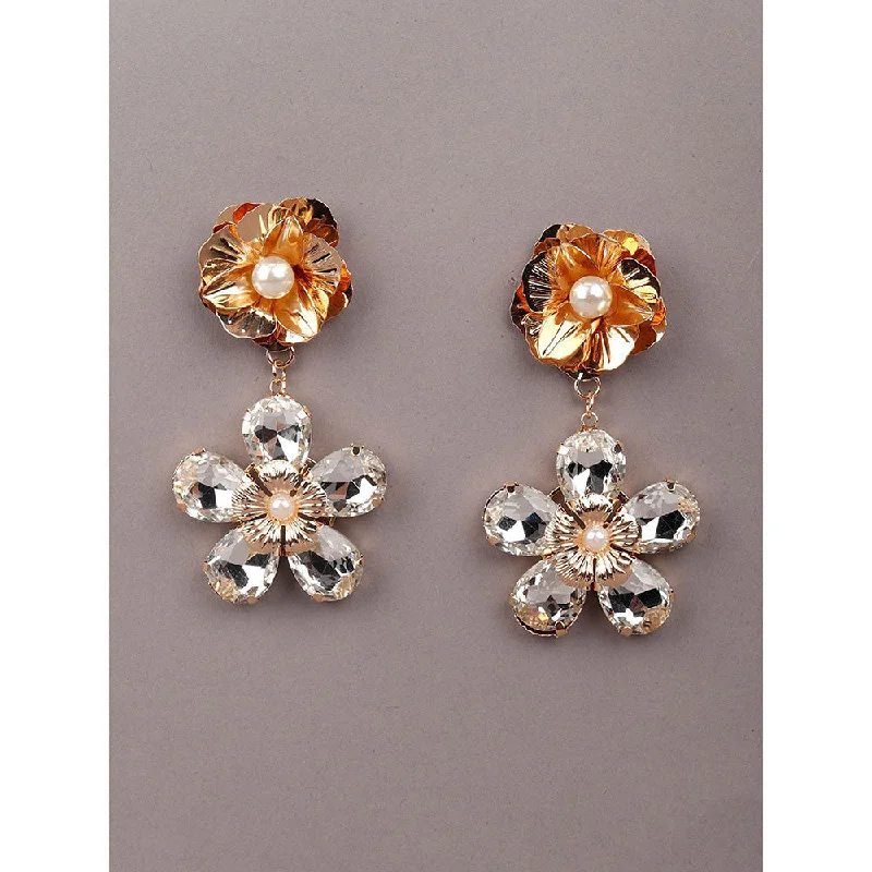 Women’s Fashion Earrings-Odette Gold Dangling Double Floral Arrangement Earrings-Clear