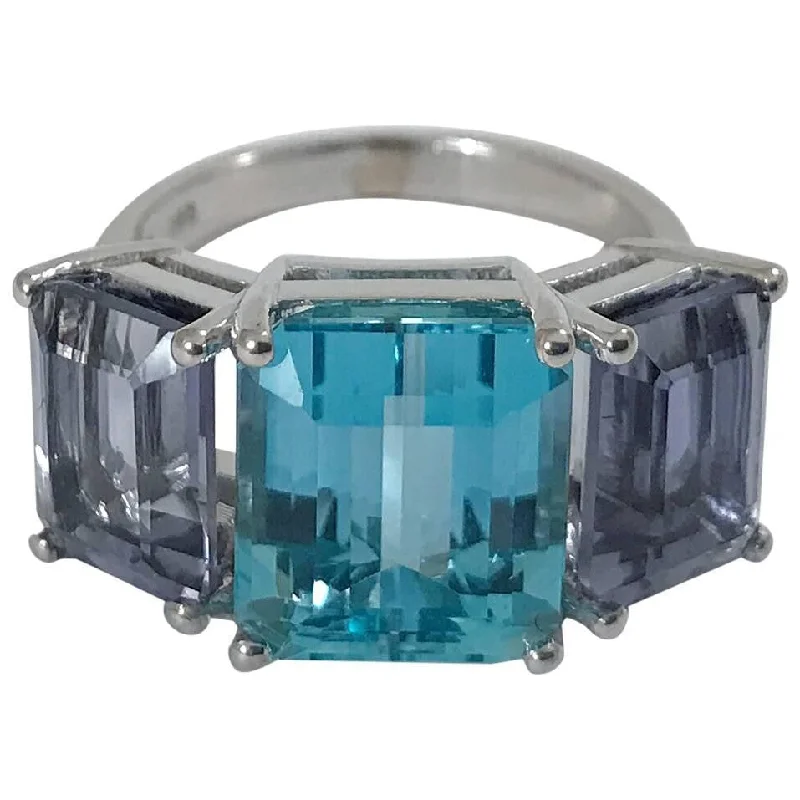 Custom Name Ring-18kt White Gold Three Stone Emerald Cut Ring with Blue Topaz and Iolite