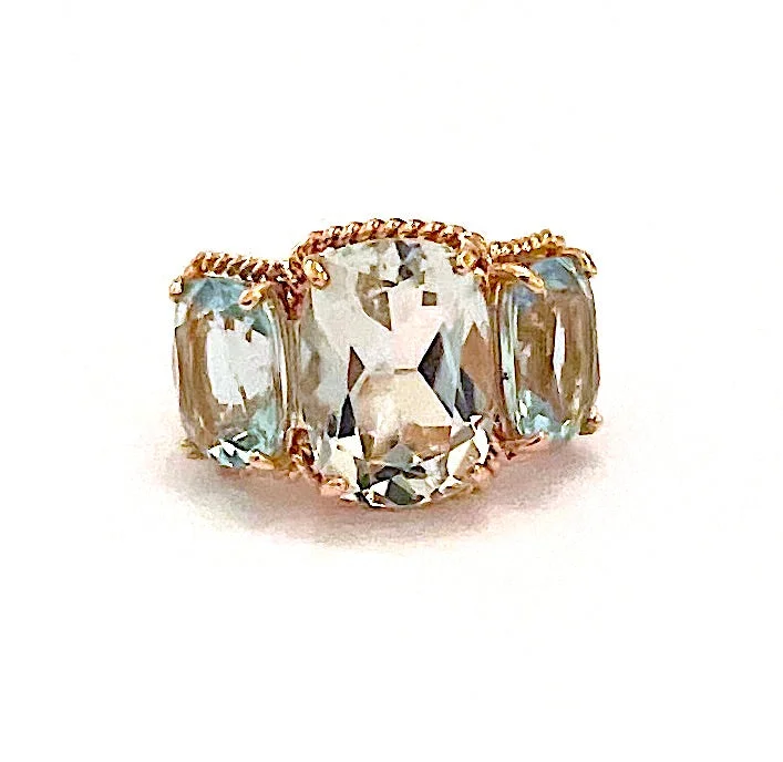 Gold Engagement Ring-18kt Rose Gold Green Amethyst and Blue Topaz Three Stone Ring with Rope Twist Border