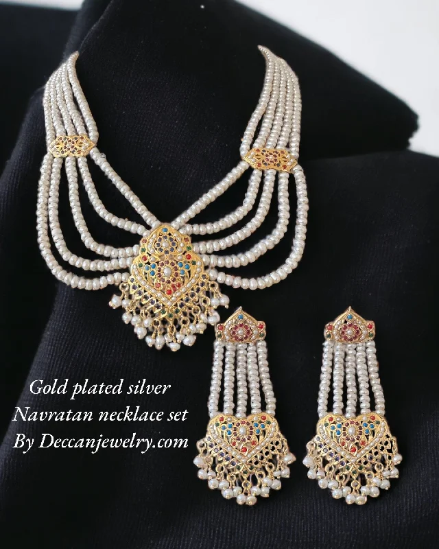 Bar Pendant Necklace-Navratan gold plated silver necklace with earrings in fresh water pearls ( READY TO SHIP )