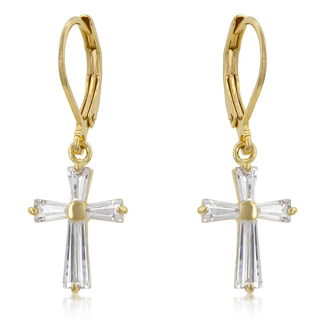 Red Gem Earrings-Perry CZ Cross Gold Drop Earrings | 1.5ct