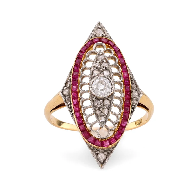 Custom Diamond Ring-Edwardian Diamond Ruby 18K Yellow and White Gold Navette Ring