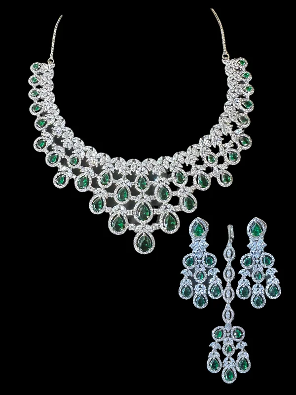 Natural Stone Necklace-NS515 Silver plated necklace with earrings tika in green ( READY TO SHIP)