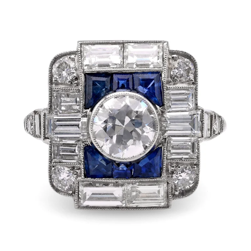 Men's Wedding Ring-Art Deco Inspired .89 Carat Diamond Sapphire Platinum Cocktail Ring