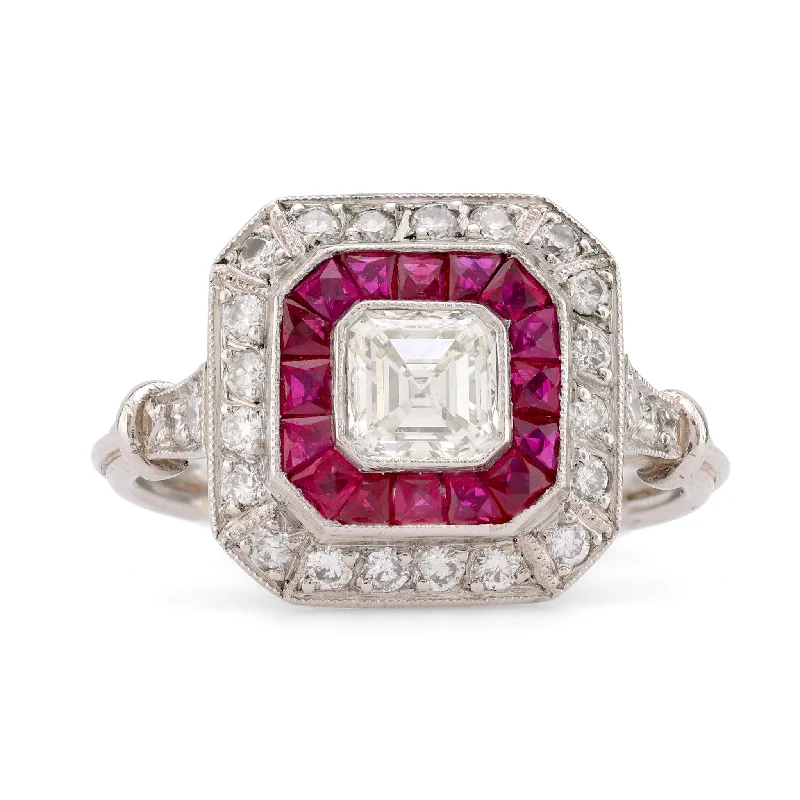 Sterling Silver Engagement Ring-Art Deco Style Diamond Ruby Platinum Square Halo Ring