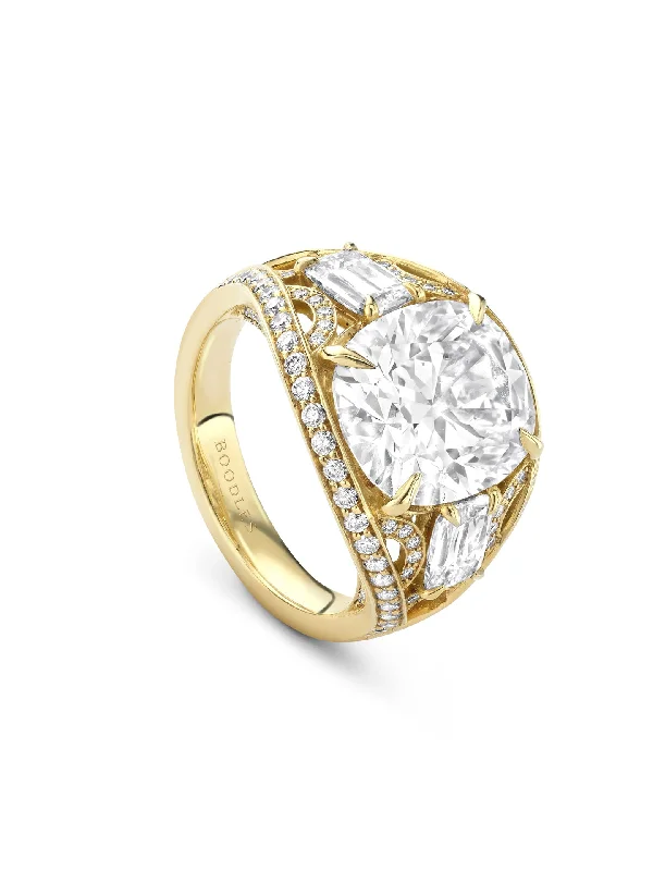 Emerald Cut Engagement Ring-Peace of Mined Cushion Diamond Yellow Gold Ring