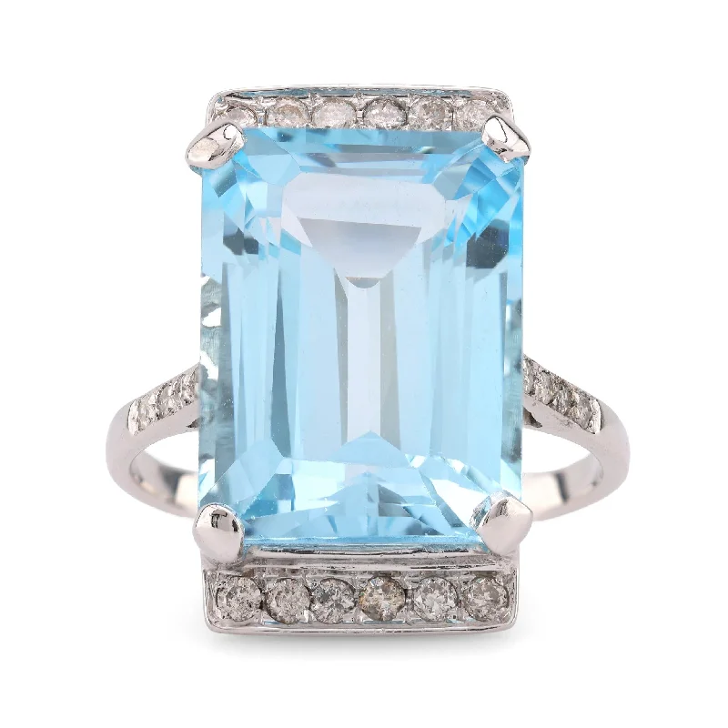 Women’s Rose Gold Ring-Mid Century French 12 Carat Aquamarine Diamond 18K White Gold Cocktail Ring