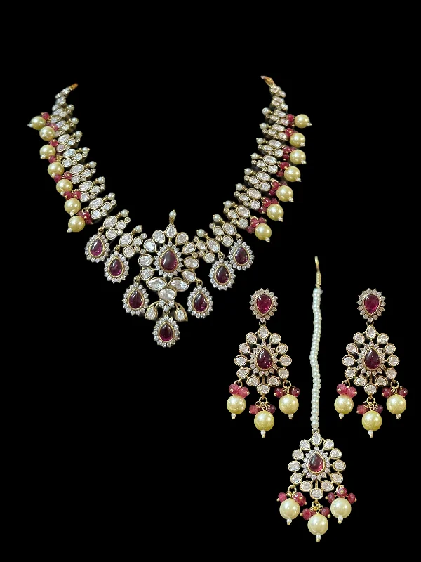 Trendy Long Necklace-BR201 High quality Polki necklace set with tika - ruby ( READY TO SHIP )