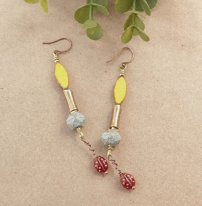 Elegant Gold Earrings-Yellow Czech and Ladybug Charm Dangling Earrings