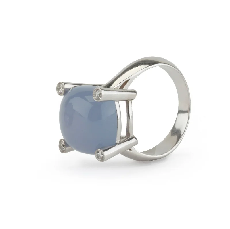 Silver Wedding Ring-18kt White Gold Small Cushion Ring with Cabochon Chalcedony and Diamonds