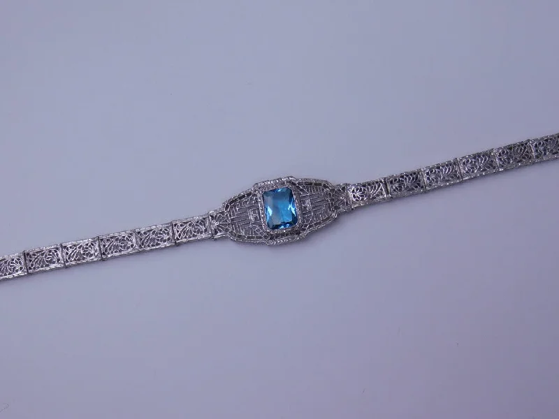 Trendy Charm Bracelet-STERLING SILVER ART DECO WITH SYNTHETIC BLUE STONE