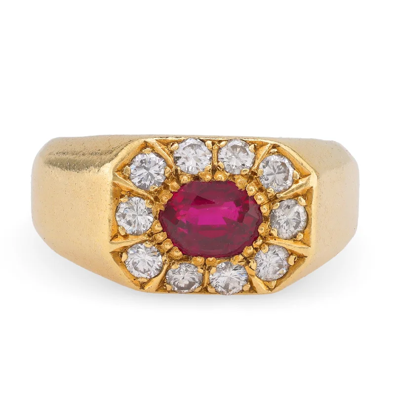 Vintage Silver Ring-Vintage Ruby Diamond 18K Yellow Gold Ring