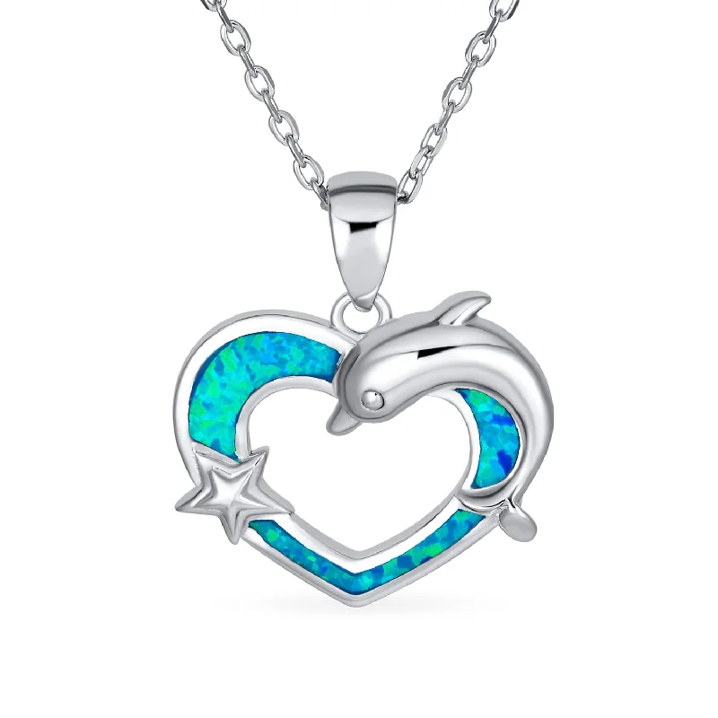 Long Silver Necklace-Gemstone Blue Opal Starfish Heart Pendant Necklace in Sterling Silver