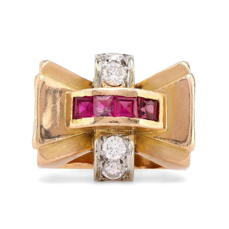 Simple Solitaire Engagement Ring-Retro Ruby Diamond 18K Yellow Gold Tank Ring