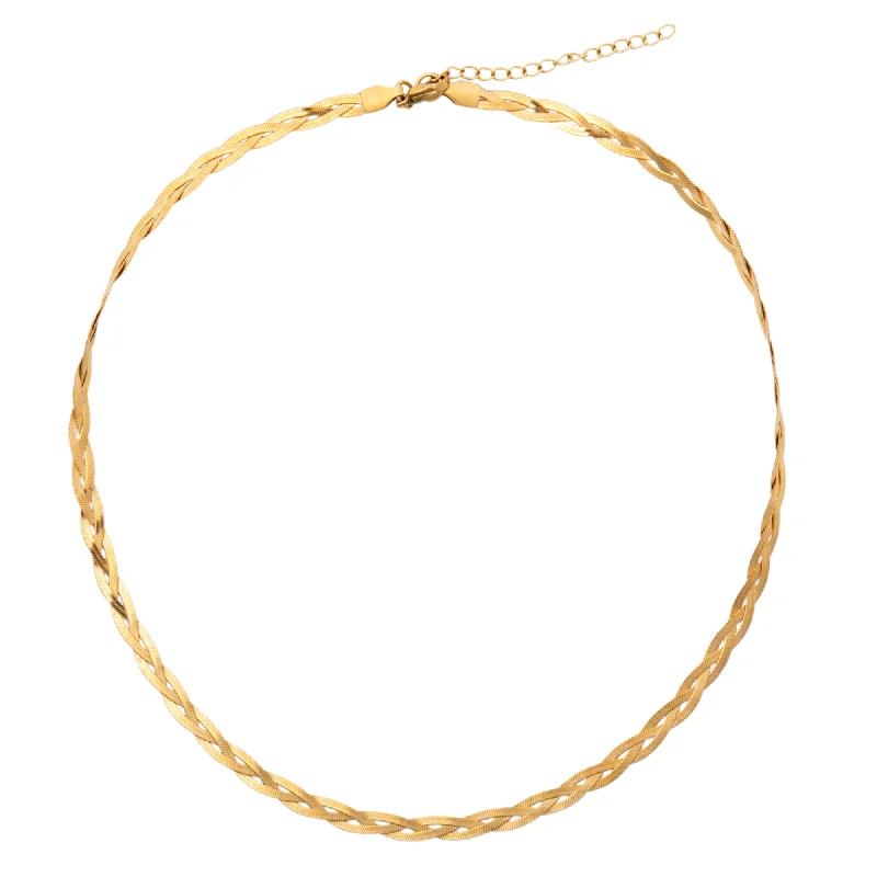 Chunky Chain Necklace-Vesna Braided Herringbone Chain Necklace - Gold