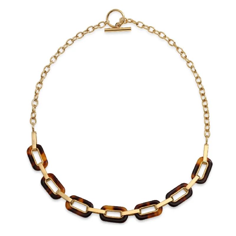 Sparkling Diamond Necklace-Fashion Golden Brown Oval Link Faux Tortoise Shell Necklace 14K Gold Plated Chain